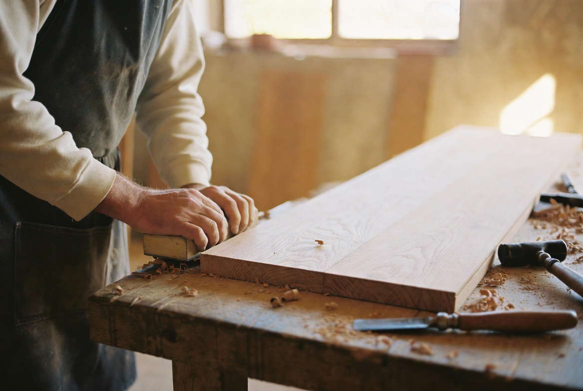 Master craftsman finishing a European oak plank